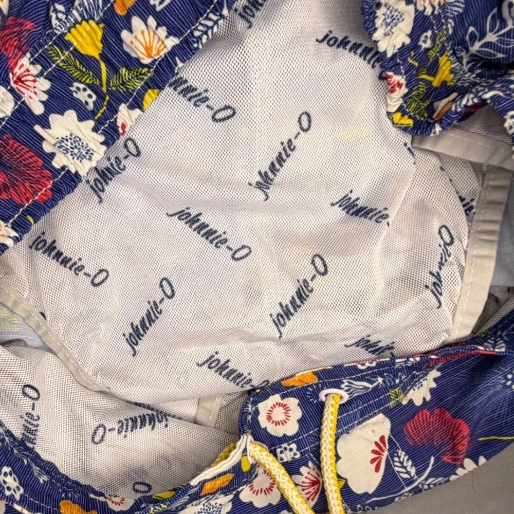 Johnnie-O Floral Swim Trunks Mens Medium Blue Board Shorts Drawstring Beach